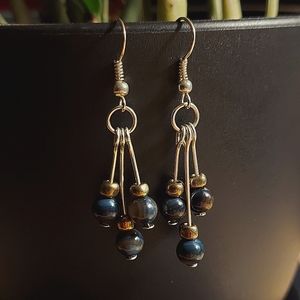 Handmade 2 inch Elegant Navy and Gold Dangle Earrings w/ silver fish-hooks